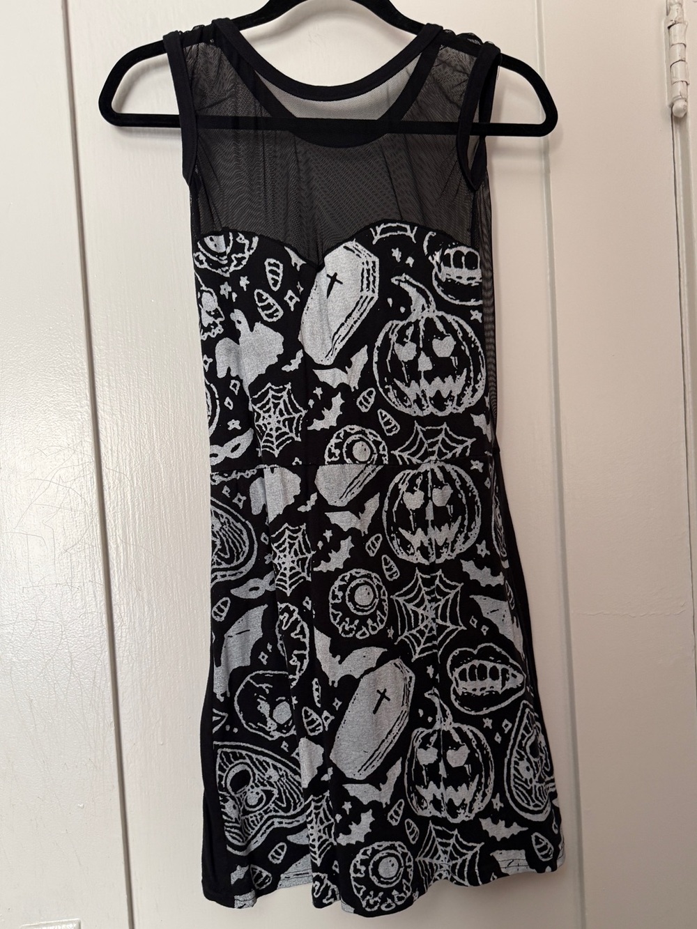 Spooky Halloween Graphic Skater Dress Sheer Mesh Goth Coffin Bat Skull Medium